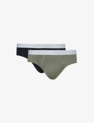 Hanro Branded-waistband Mid-rise Pack Of Two Stretch-cotton Briefs In Antique Green/ebony