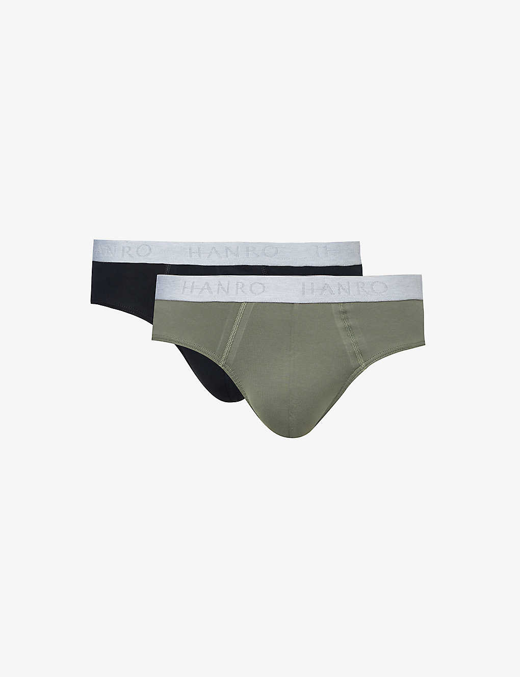 Hanro Branded-waistband Mid-rise Pack Of Two Stretch-cotton Briefs In Antique Green/ebony