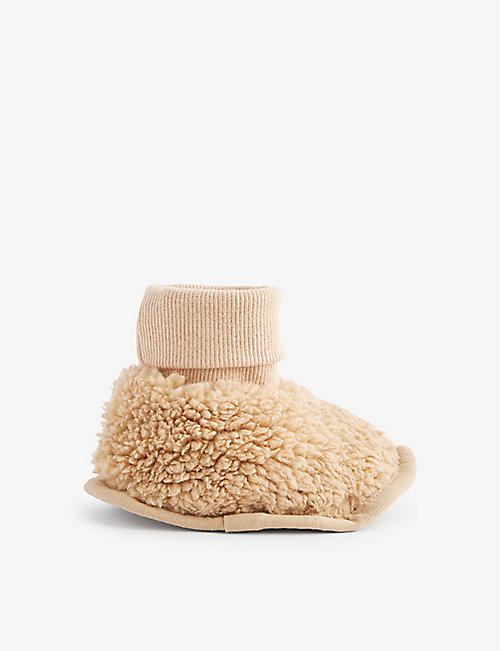 THE LITTLE TAILOR: Ribbed knit-trim faux-shearling booties 0-12 months
