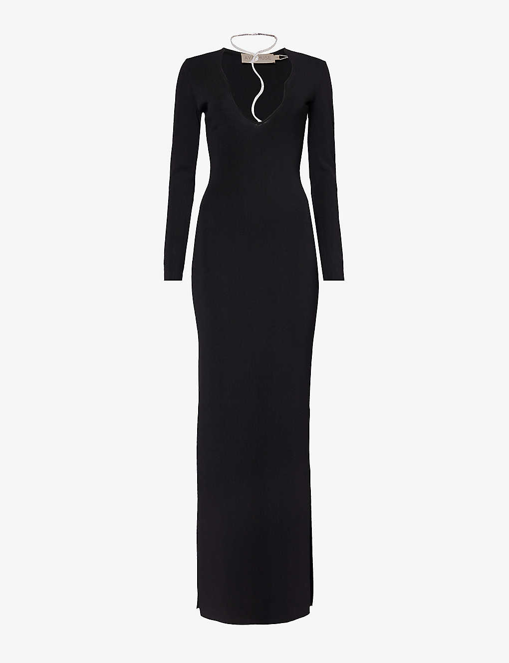 Aya Muse Womens Black V-neck Crystal-embellished Woven-blend Midi Dress