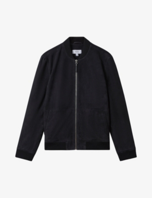Shop Reiss Men's Vy Dilan Ribbed-collar Suede Bomber Jacket In Navy
