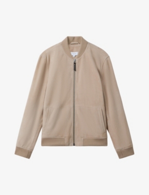 Shop Reiss Men's Stone Dilan Ribbed-collar Suede Bomber Jacket