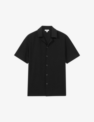 Shop Reiss Men's Black Hunt Cuban-collar Short-sleeve Stretch-woven Shirt