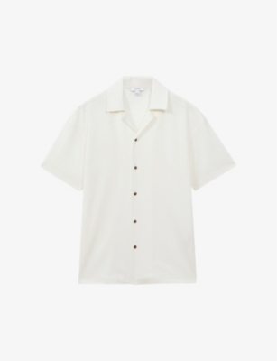 Reiss Mens Ecru Hunt Cuban-collar Short-sleeve Stretch-woven Shirt In Cream