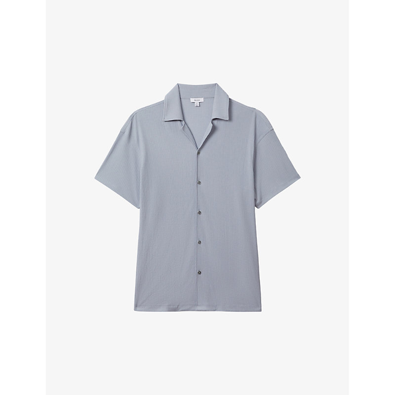 Shop Reiss Men's Porcelain Blue Hunt Cuban-collar Short-sleeve Stretch-woven Shirt