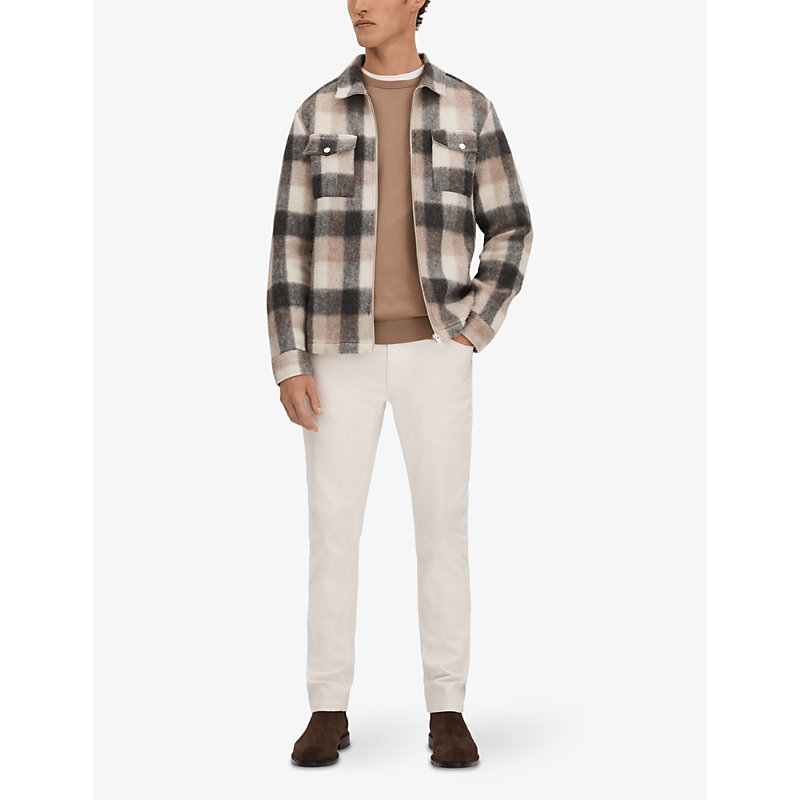 Shop Reiss Stamford Checked Brushed Woven Overshirt In Oatmeal/grey