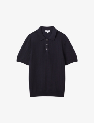 Shop Reiss Mens Navy Pascoe Textured Stretch-knit Polo Shirt