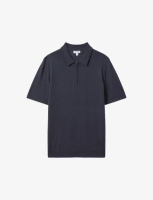 Shop Reiss Men's Blue Smoke Maxwell Half-zip Knitted Merino-wool Polo Shirt