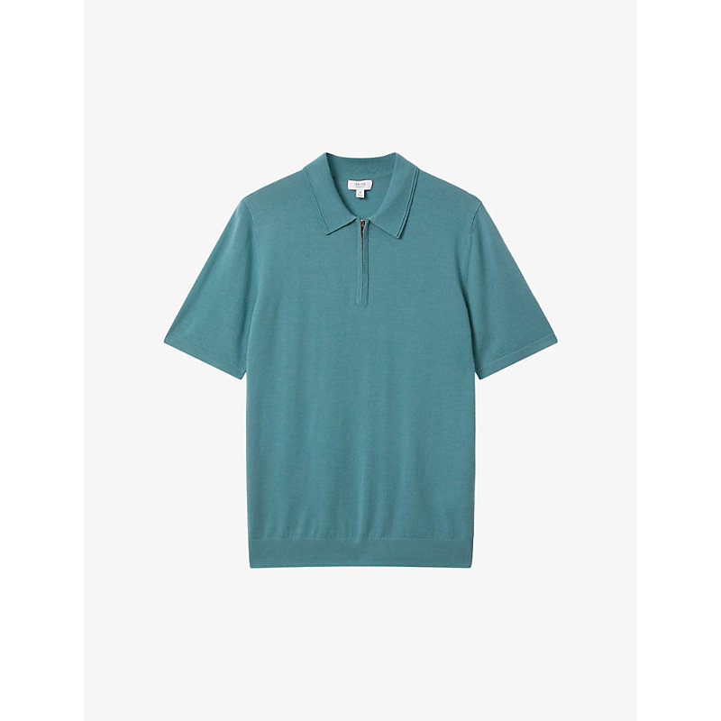 Reiss Mens Ocean Green Maxwell Half-zip Knitted Merino-wool Polo Shirt