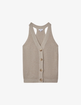 Reiss Neutral Knitted Halter Neck Top In Neutral