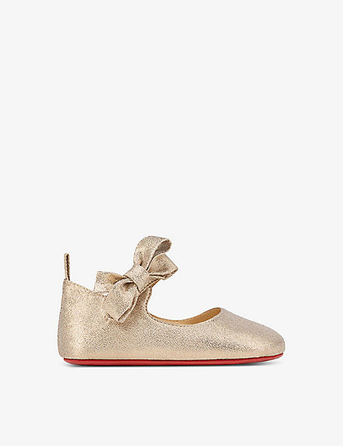 CHRISTIAN LOUBOUTIN: Lou Babe bow-embellished woven pumps 0-12 months