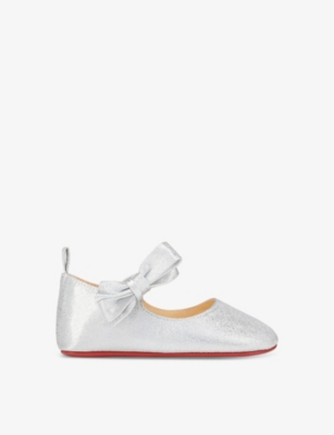 CHRISTIAN LOUBOUTIN: Lou Babe bow-embellished woven pumps 0-12 months