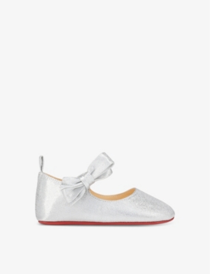 Christian Louboutin Babies'  Silver Lou Babe Bow-embellished Woven Pumps 0-12 Months