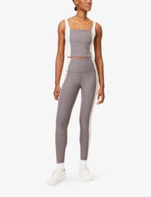BEYOND YOGA WOMENS SOFT UMBER HEATH/E/SHELL SPACEDYE VITALITY COLOUR-BLOCK CROPPED STRETCH-WOVEN TANK TOP 