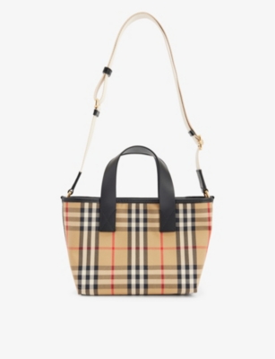 Shop Burberry Girls Archive Beige Ip Chk Kids' Check-print Cotton Tote Bag