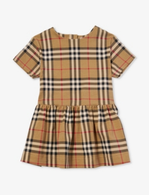 Shop Burberry Archive Beige Ip Chk Lena Checked Flared-hem Stretch-cotton Dress 1-18 Months In Brown