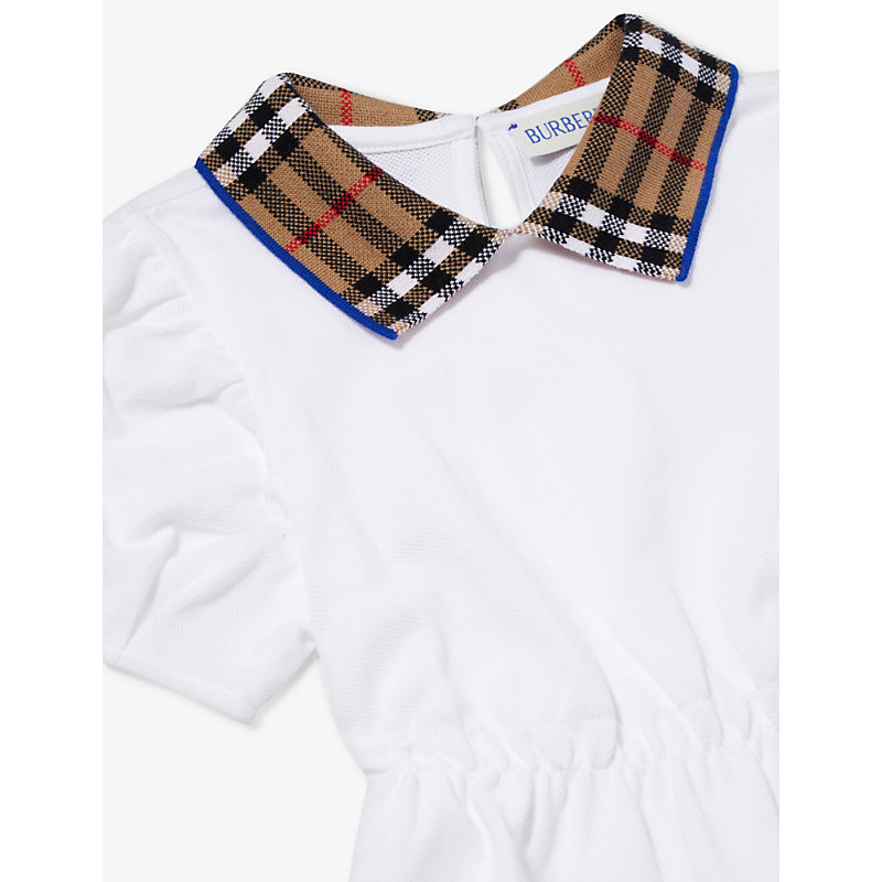 Shop Burberry Alesea Checked-collar Flared-hem Cotton-piqué Dress 6-24 Months In White