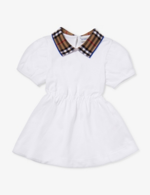 Burberry Girls White Kids Alesea Checked-collar Flared-hem Cotton-piqué Dress 6-24 Months