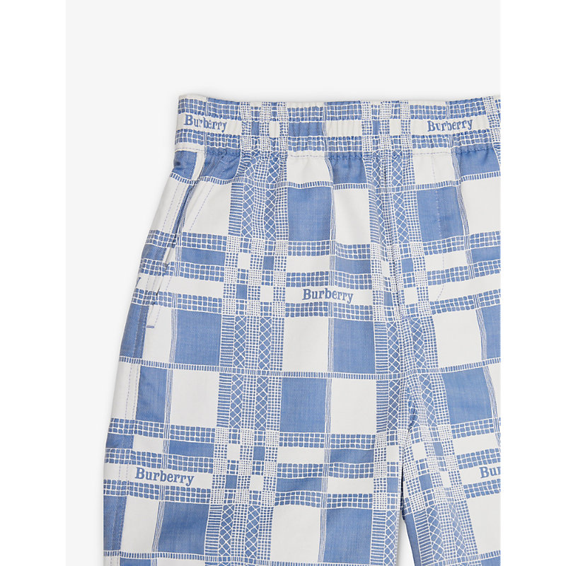 Shop Burberry Checked-print Branded Cotton-poplin Shorts 8-14 Years In Pale Blue Ip Pat