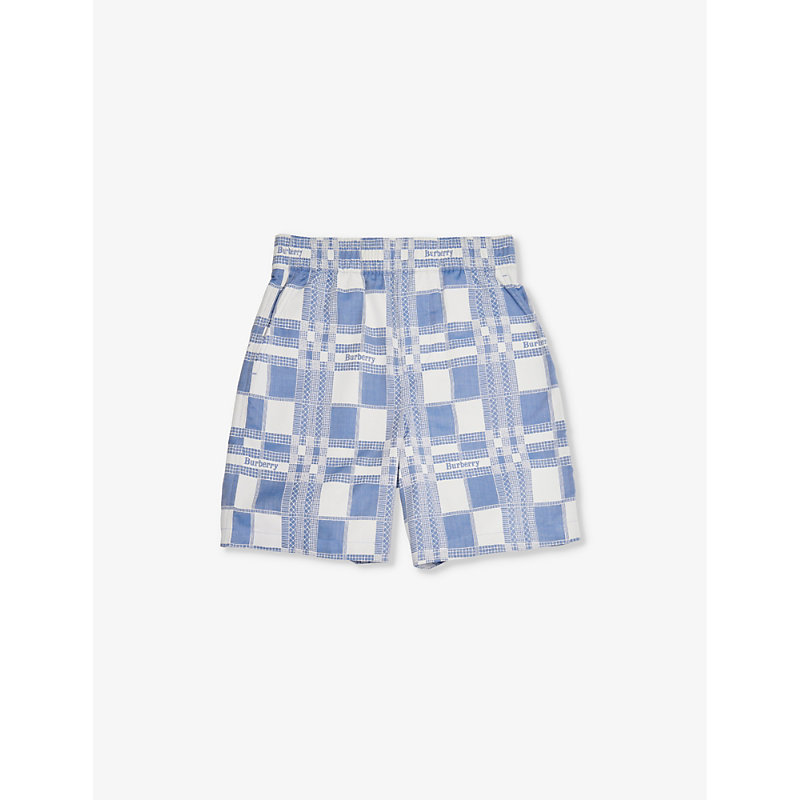 Shop Burberry Checked-print Branded Cotton-poplin Shorts 8-14 Years In Pale Blue Ip Pat
