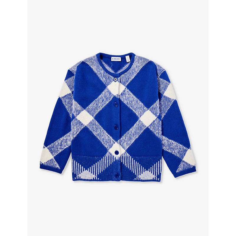 Burberry Boys Knight Ip Check Kids Bettie Check-pattern Long-sleeve Wool-blend Knitted Cardigan 6-14 In Blue