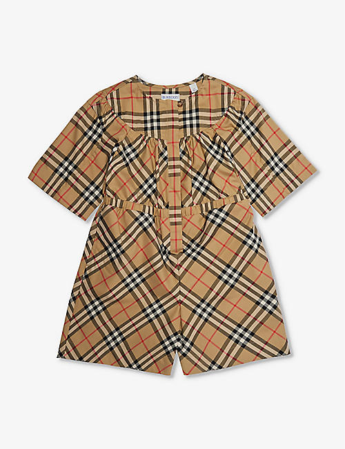 BURBERRY: Gigi checked cotton-blend playsuit 6-12 years