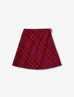 Burberry Girls Crimson Ip Chk Kids Ria Checked Frayed-hem Wool Skirt 8-14 Years In Red