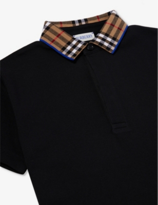 Shop Burberry Johane Checked-collar Short-sleeve Cotton Polo Shirt 3-14 Years In Black