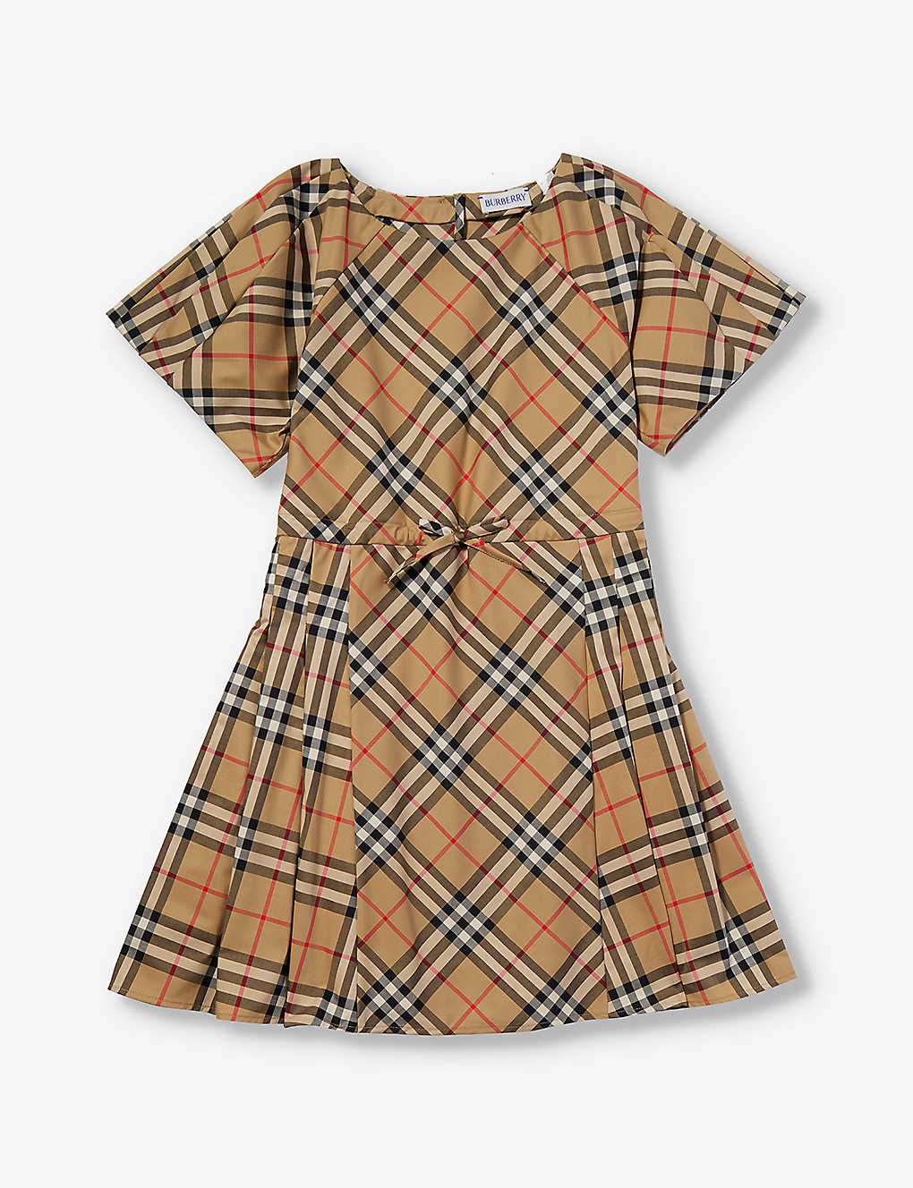 Burberry Girls Archive Beige Ip Chk Kids Jada Brand-check Pleated-skirt Stretch-cotton Dress 4-14 Ye