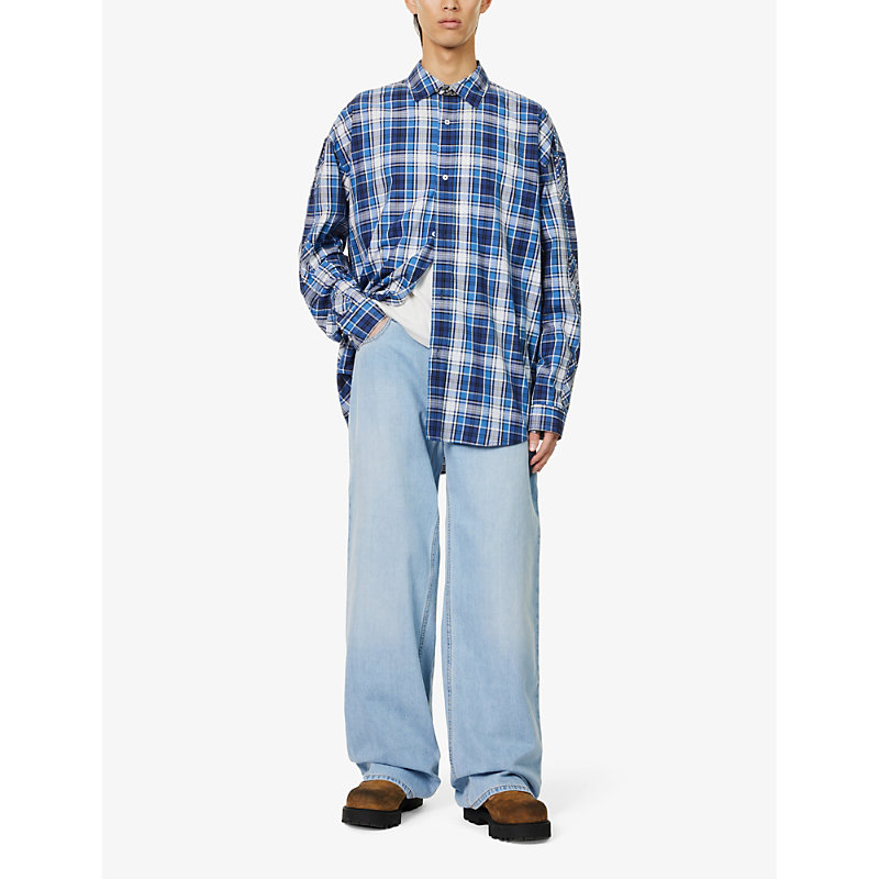 Shop Alyx 1017  9sm Men's Mid Blue Buckle-embellished Wide-leg Mid-rise Jeans