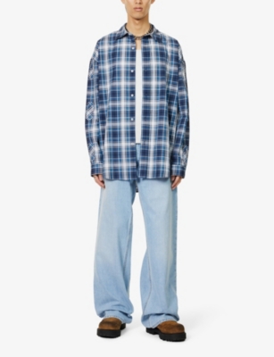 Shop Alyx 1017  9sm Men's Blue Plaid-print Long-sleeve Cotton Shirt