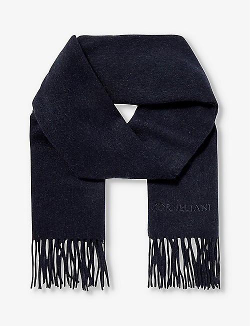 CORNELIANI: Brand-embroidered fringed-trim cashmere scarf