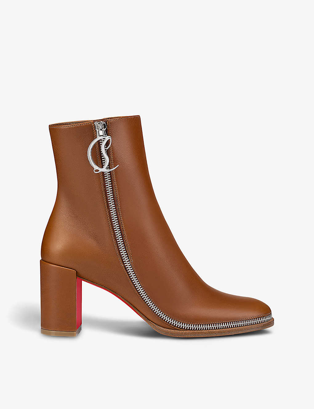 Shop Christian Louboutin Cl Zip Booty 70 Logo-plaque Leather Heeled Ankle Boots In Cuoio