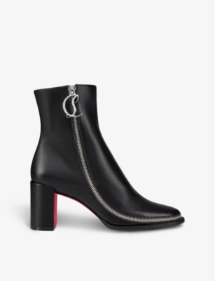 Christian Louboutin Leather Zipper Red Sole Ankle Boots In Black