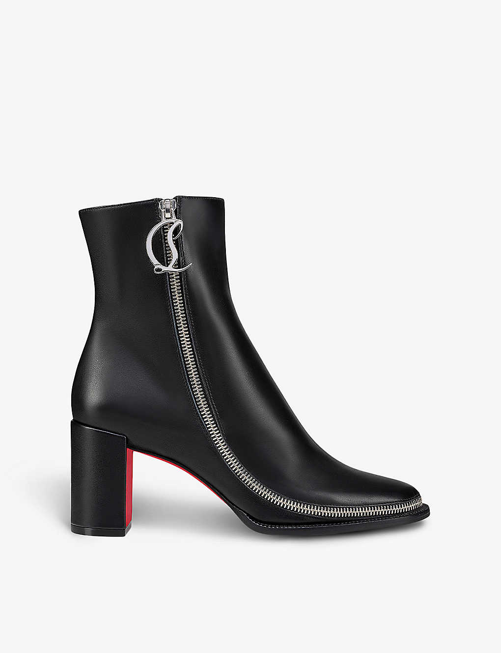Shop Christian Louboutin Women's Black Cl Zip Booty 70 Logo-plaque Leather Heeled Ankle Boots
