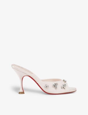 Shop Christian Louboutin Women's Leche Degraqueen 85 Crystal-embellished Satin Heeled Mules In Cream