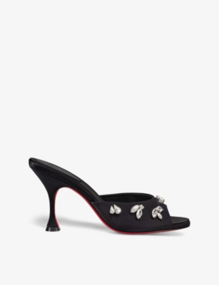 Shop Christian Louboutin Womens Black Degraqueen 85 Crystal-embellished Satin Heeled Mules