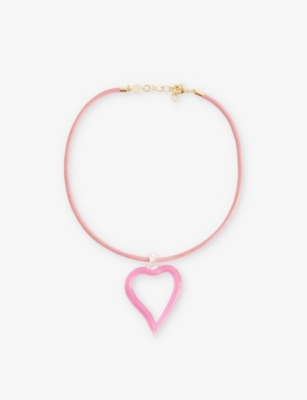 Sandralexandra Womens Cloudy Pink Heart Of Glass Leather Cord And Glass Pendant Necklace In Cloudy Pink