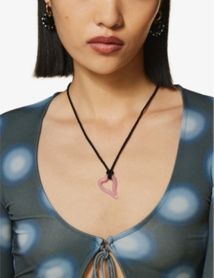 Shop Sandralexandra Womens Cloudy Pink/black Cord Heart Of Glass Silk Cord And Glass Pendant Necklace