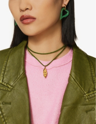 Shop Sandralexandra Pea In A Pod 18ct Yellow Gold-plated Brass And Silk Cord Pendant Necklace In Gold/green Cord