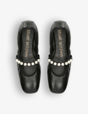Shop Stuart Weitzman Women's Black Goldie Pearl-embellishment Leather Ballet Flats