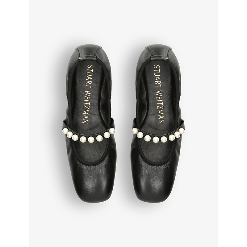 Shop Stuart Weitzman Women's Black Goldie Pearl-embellishment Leather Ballet Flats