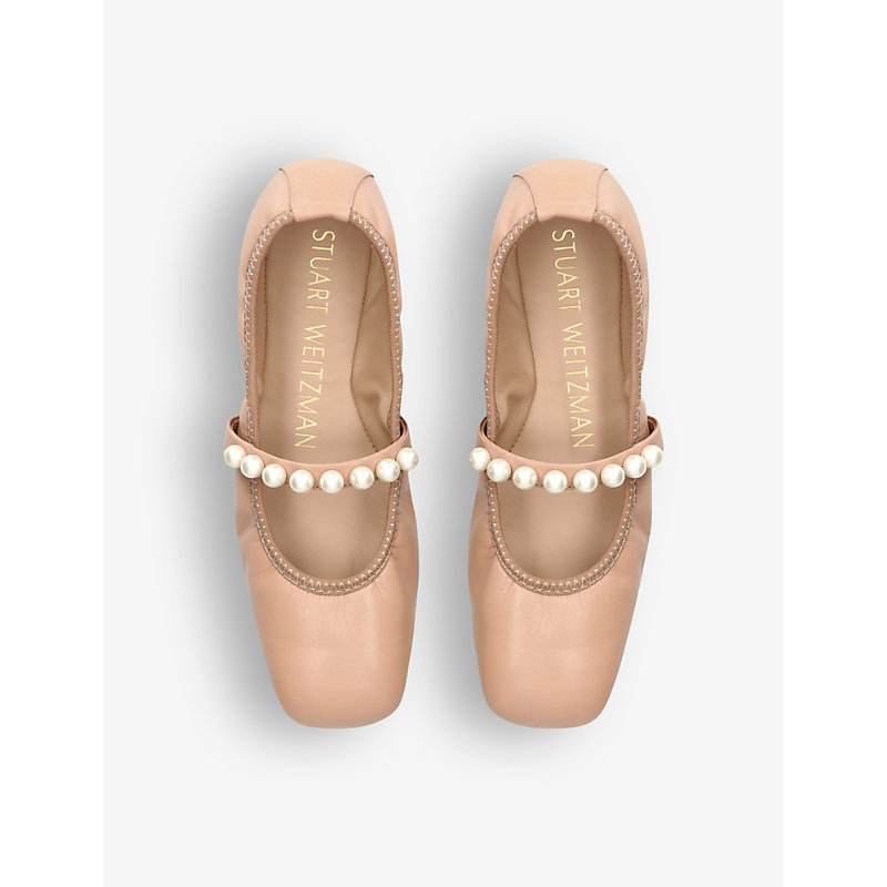 Shop Stuart Weitzman Goldie Pearl-embellished Leather Ballet Flats In Tan