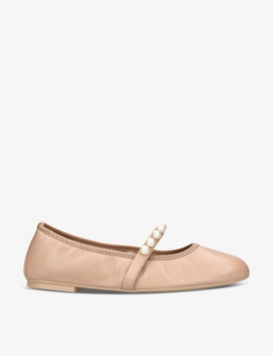 Stuart Weitzman Goldie Faux Pearl-embellished Leather Ballet Flats In Tan