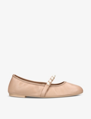 Shop Stuart Weitzman Women's Tan Goldie Pearl-embellished Leather Ballet Flats