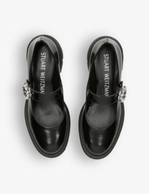 Shop Stuart Weitzman Women's Black Soho Gem-embellished Heeled Leather Mary-jane Shoes