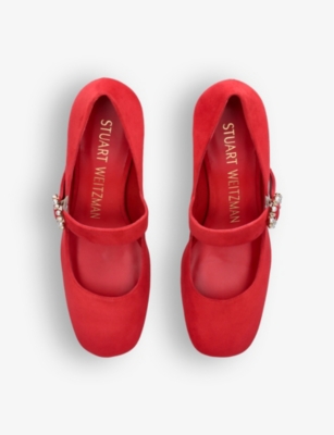 Shop Stuart Weitzman Women's Red Stuart 60 Pearl-embellished Suede-leather Mary-jane Shoes