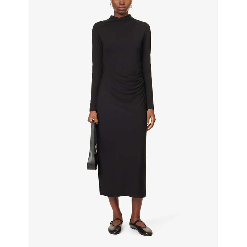 Shop Vince Women's Black-001blk High-neck Side-ruched Stretch-woven Midi Dress