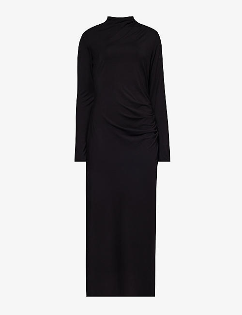 VINCE: High-neck side-ruched  stretch-woven midi dress