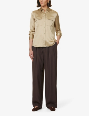 Shop Vince Womens Beige Stone-285bes Flap-pocket Regular-fit Silk Shirt